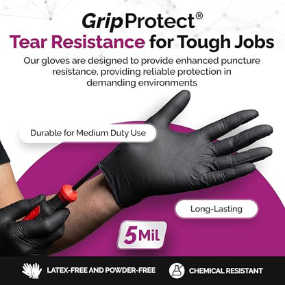 GripProtect Precise 5 Mil Black Nitrile Gloves, Chemical Resistant Gloves - size: XL