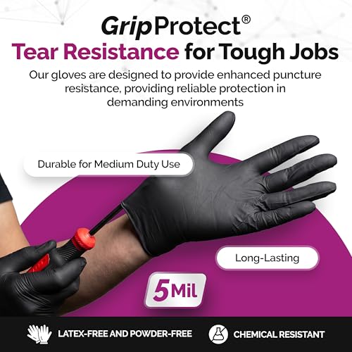 GripProtect Precise 5 Mil Black Nitrile Gloves, Chemical Resistant Gloves - size: S