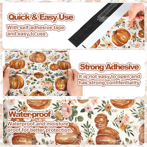 JarThenaAMCS 100Pcs Fall Poly Mailers 10 x 13 Inch Watercolor Floral Pumpkin Packaging Bags Autumn Self Seal Mailing Envelope Bags for Thanksgiving Harvest Small Business Clothing