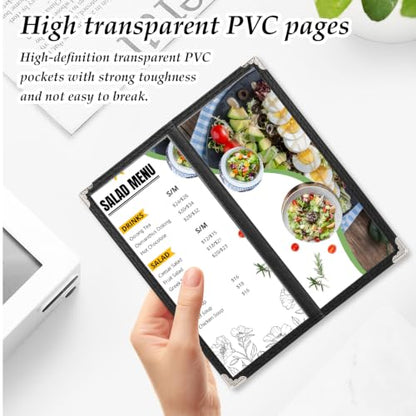 SHUESS 20 Pcs Menu Covers, 11 X 4.5 Inch 2 Page 4 View Restaurant Menu Covers with Clear Plastic Sleeves, Loose-Leaf Leather Order Holder with Leather Edges and Metal Clips for Restaurant, Bars, Café