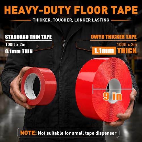 Floor Marking Tape, 1.1mm Extra Thick, Red, 2 Inch x 100FT - color: Red