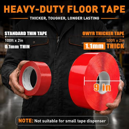 Floor Marking Tape, 1.1mm Extra Thick, Red, 2 Inch x 100FT - color: Red