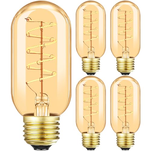 Vintage LED Spiral Filament Bulb T14, E26 Base, 4W Equivalent, 40W Warm White, 2200K, Dimmable, AC120V, 400LM, Amber Glass, Pack of 4 - style: 4.33in(110mm)