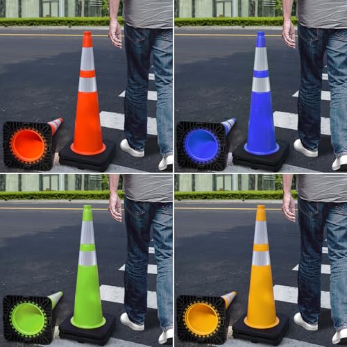 6 Pack 36" Large PVC Traffic Cones with Heavy-Duty Black Base – Durable, Weatherproof Safety Cones for Garage, Parking Lot & Road Construction Use (6, Blue, 36" Extra Large) - color: Blue, size: 36" Extra Large