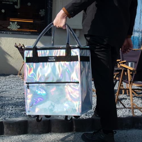 Small Phantom White Reusable Grocery Bag on Wheels, Folding Rolling Tote - color: Phantom White, size: Small