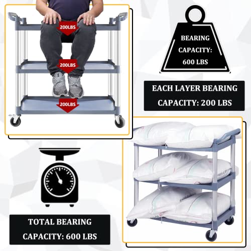 Plastic Utility Carts with Wheels, 3-Tier Large Size Restaurant Food Cart, Heavy Duty 600lbs Capacity Rolling Service Cart w/Hammer for Commercial, Kitchen, Office (Lockable Wheels, L-Grey)