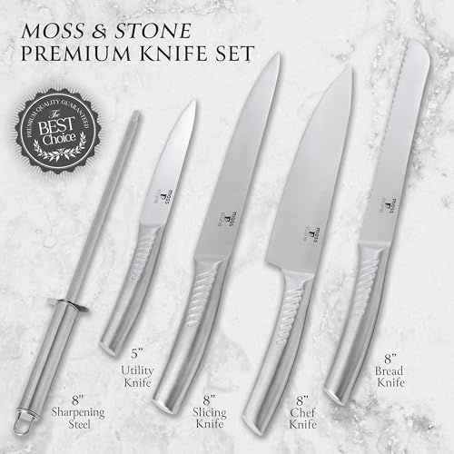 Moss & Stone Small 6 Pcs Kitchen Knife Set with Block, Stainless Steel - color: Stainless Steel, size: 6 Pcs