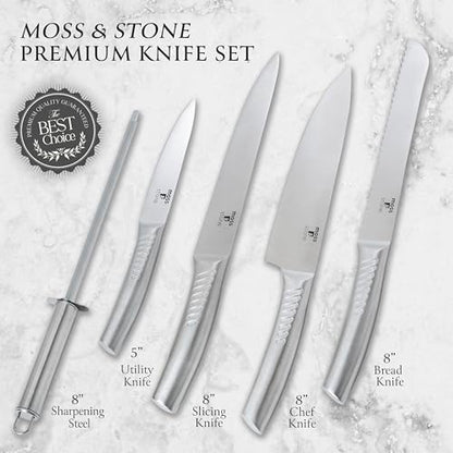 Moss & Stone Small 6 Pcs Kitchen Knife Set with Block, Stainless Steel - color: Stainless Steel, size: 6 Pcs