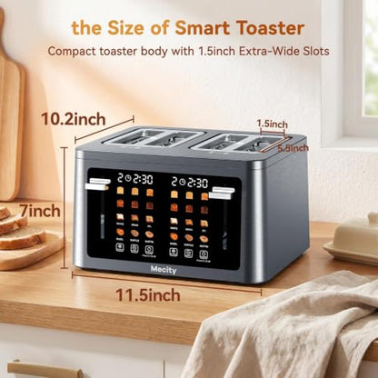 Mecity 4 Slice Touchscreen Toaster, 6 Bread Modes & 6 Browning Levels, Dual Touch Control Wide Slot Stainless Steel Electric Toaster with Memory, Defrost, 3-Min Auto Shutoff for White, Bagels, Waffles - color: 4 Slot-Brushed stainless steel gray