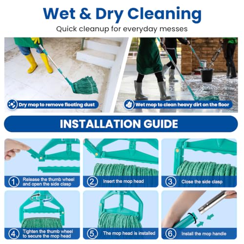 Commercial Mop with 3 Replacement Heads & 1 Handles, 64" Long Handle Heavy Duty Industrial Wet String Cotton Mop, for Concrete/Tile/Garage Floors-Home, Kitchen