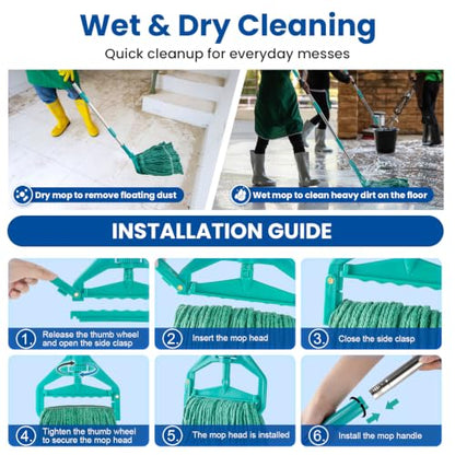 Commercial Mop with 3 Replacement Heads & 1 Handles, 64" Long Handle Heavy Duty Industrial Wet String Cotton Mop, for Concrete/Tile/Garage Floors-Home, Kitchen