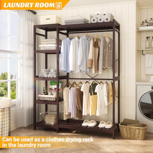 Homykic Bamboo Clothing Rack with 7 Adjustable Shelves, 2 Rods, Espresso - color: Espresso, size: II Medium
