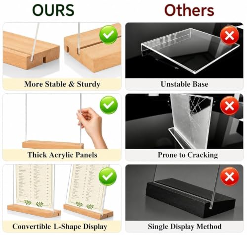 8.5x11 Acrylic Sign Holder with Wooden Base 4 Pack Adjustable Vertical/Tilt - color: Natural, size: 8.5"x11"