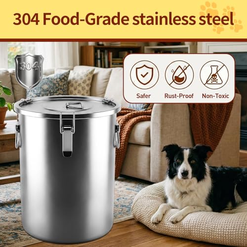 304 Stainless Steel Dog Food Storage Container, 50LB/55LB Airtight Pet Food Container with Locking Lid & Silicone Seal, Large Metal Food Storage Bin for Dry Dog/Cat Food, Rice, Flour (50 LBS) - size: 50 LBS