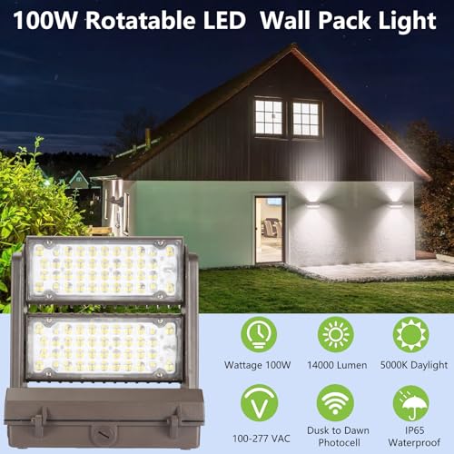 Rotatable LED Wall Pack Light with Dusk to Dawn Photocell, 100W 14000LM 600-800W HPS/HID Equiv., 5000K Daylight ETL Commercial Outdoor Security Lighting for Warehouse, Entrance, Parking, Garage - size: 100W