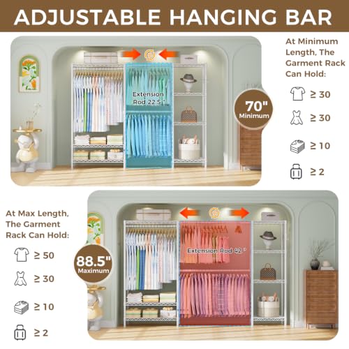 Golpart Heavy Duty Clothes Rack Metal Wardrobe with Adjustable Wire Shelves - color: White, size: 15.75"D x (70~88.5)"W x 76.5"H