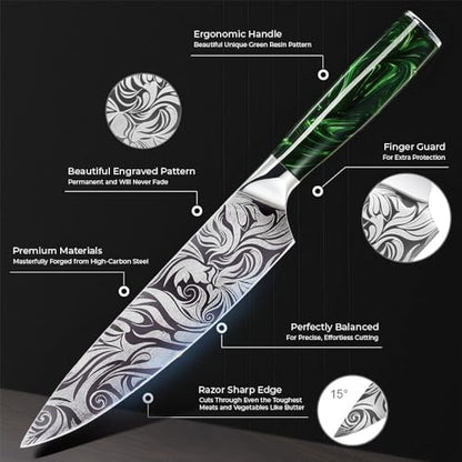 SENKEN Engraved Japanese Kitchen Knife Set with Beautiful Green Resin Wood Handles - Wasabi Collection - Chef's Knife, Bread, Cleaver, Paring, & More (16-Piece Knife Block Set) - size: 16-Piece Knife Block Set