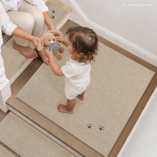 BEQHAUSE Stair Landing Rug Non-Slip 30"x30", Landing Mats for Stairs, Beige - color: Beige - Dog Paws, size: 30 in X 30 in (1 Pieces)