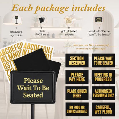 Please Wait To Be Seated Sign, 8.5 x 11 Inch Heavy Duty Sign Holder Stand with 8 Inserts and 8 Alphabet Stickers, Can DIY Sign Messages, Floor Standing Poster Stand with a Base for Yard Business Store Floor Indoor/Outdoor Signage&Advertising, Black