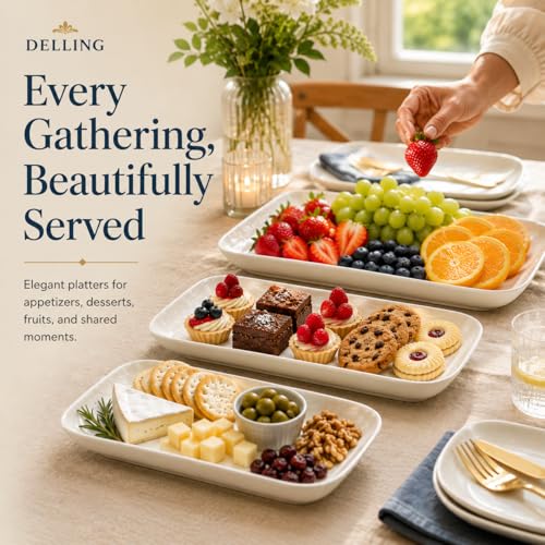 DELLING Large Serving Platter Set of 3, 16/14/12 Inch Porcelain Serving Trays for Party - White Ceramic Rectangular Platters for Entertaining, Appetizer Fruit Tray for Gethering Shower Dinner - color: White, size: 16/14/12 inch