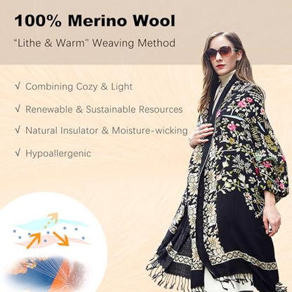 DANA XU 100% Merino Wool Extra Large Pashmina Shawl for Women - color: Black Floral Print