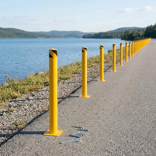 4-Pack 48 Inch Steel Safety Bollards, 4.5 Inch Diameter Parking Bollard Post with 16 Anchor Bolts, Yellow Safety Steel Bollard Post for Driveway Barrier, Traffic Control & Storefront Protection - size: 48 Inch