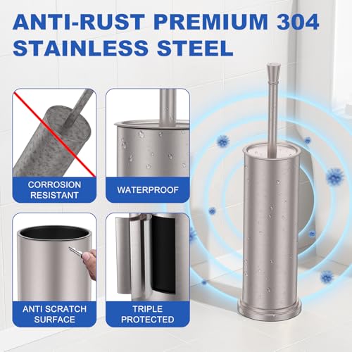 304 Stainless Steel Heavy Duty Toilet Bowl Brush，Removable Inner Bowl and Splash Protection，Bathroom Toilet Brush-Dense Bristles for Through Cleaning - color: Nickel