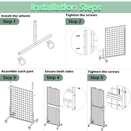 Grid Wall Panels Display Rack with Wheels & 15 Hooks for Retail Craft Show - size: 1pcs