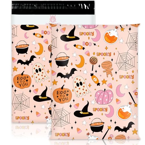 JarThenaAMCS 100 Pcs Halloween Poly Mailers 10 x 13 Inch Pink Cartoon Spooky Pumpkin Spiderweb Packaging Bags Self Seal Mailing Envelope Bags for Small Business Clothing