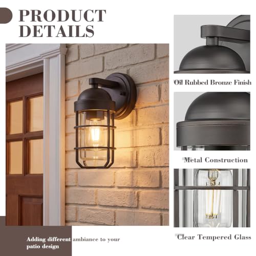 Emliviar Farmhouse Outdoor Wall Sconces, 2 Pack Vintage Exterior Light Fixtures with Nautical Metal Cage and Tempered Glass, Oil Rubbed Bronze Finish, GE255B-2PK ORB - color: Oil Rubbed Bronze - Clear Tempered Glass, size: 9.4 Inch