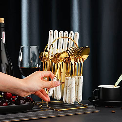 24-Piece Gilded Stainless Steel Flatware Set,Kitchen Utensil Tableware Cutlery Set Service for 6, Steak Cutlery Set for Home and Restaurant (White)… - color: White