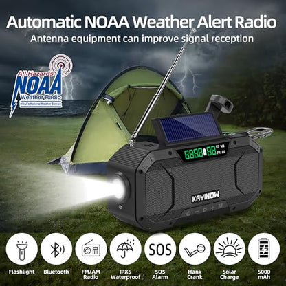 Solar Hand Crank Emergency Radio with Waterproof,Portable AM FM NOAA Weather Radio, Rechargeable 5000mAh/18500mWh Battery Power, Wind Up Flashlight Phone Charger, SOS,Survival Storm Hurricane - color: Black