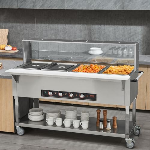 VEVOR 4-Pan Commercial Food Warmer, 4 x 20.6QT Electric Steam Table, 2000W Professional Buffet Catering Food Warmer with Acrylic Sneeze Guard, Food Grade Stainless Steel Server for Party Restaurant - size: 4-Pan (96 QT)