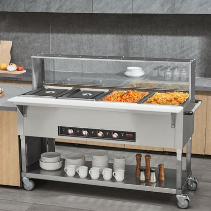 VEVOR 4-Pan Commercial Food Warmer, 4 x 20.6QT Electric Steam Table, 2000W Professional Buffet Catering Food Warmer with Acrylic Sneeze Guard, Food Grade Stainless Steel Server for Party Restaurant - size: 4-Pan (96 QT)