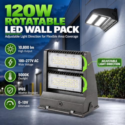 120W Rotatable LED Wall Pack Light 5000K Adjustable Head Outdoor Fixture - color: 120W