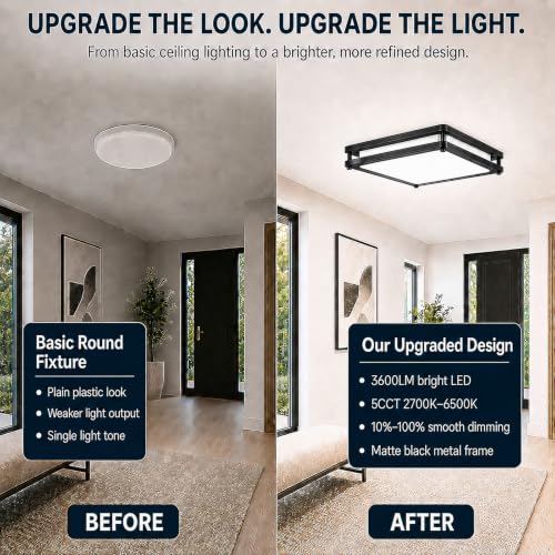 2-Pack 36W 3600LM Square Dimmable LED Ceiling Light, 12in Modern Flush Mount Ceiling Light Fixture, 2700K/3000K/4000K/5000K/6500K Adjustable Black Ceiling Lamp for Living Room Bedroom Bathroom Kitchen - color: Black, size: 2 Packs