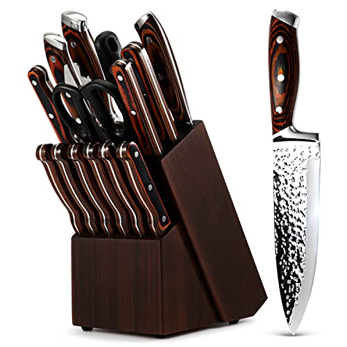 15 Pieces Kitchen Knife Set with Block and Sharpener - color: Wooden