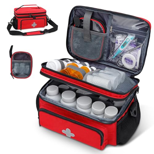 GDNasist Medicine Storage Bag, Pill Bottle Organizer for Emergency, Medicine Box Empty with Small Portable Pouch, First Aid Box for Travel and Home Storage - color: Red