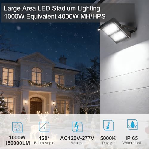 Lightdot 1000W Outdoor LED Flood Lights with Brim, IP65 LED Stadium Lights