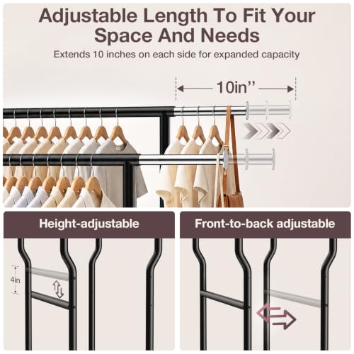 Heavy Duty Clothes Rack Load 960LBS, Adjustable Three Rods Rolling Garment Rack with Double-Layer Bottom Shelf, Portable Commercial Clothing Rack for Hanging Clothes with Wheels, Black - color: Black