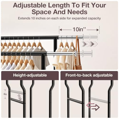 Heavy Duty Clothes Rack Load 960LBS, Adjustable Three Rods Rolling Garment Rack with Double-Layer Bottom Shelf, Portable Commercial Clothing Rack for Hanging Clothes with Wheels, Black - color: Black
