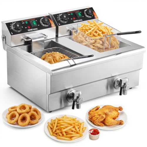 VEVOR Commercial Deep Fryer, Dual Tank 3000W Electric Countertop Fryer with Basket, 2 x 11.6Qt/11L Double Stainless Steel Oil Fryer with Drain, Time & Temp Control, for Kitchen Restaurant Use - size: Double Fryer, style: Upgraded with Timer & Oil Filtrati