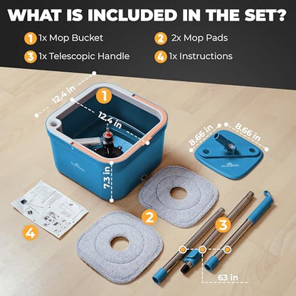 Mop and Bucket Set with Wringer, Dual-Chamber Flat Mop, Blue – ALANBERG - color: Blue