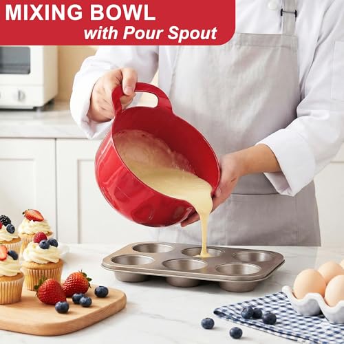 BoxedHome 4 Pack Nesting Mixing Bowl Christmas Set with Pour Spout and Handle, BPA free Microwave & Dishwasher Safe(Christmas colours, 4 Pack with Handle) - color: reddish green