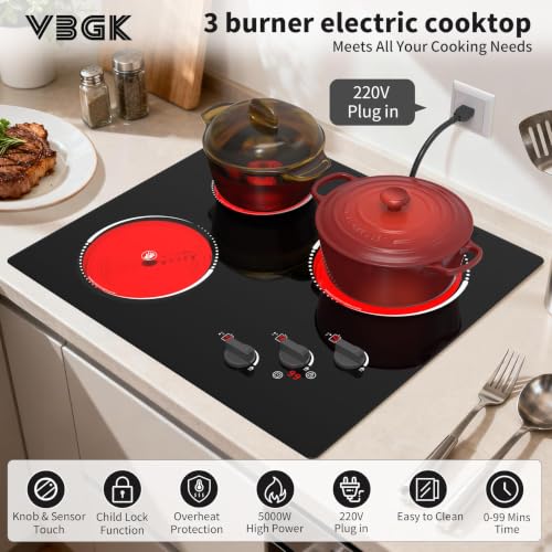 VBGK Electric Cooktop,24 inch 220V Electric StoveTop,Touch and Knob Control,LED,9 Power Levels, KidsLock & Timer Overheat Protection,500w3 burmercooktop. - size: 3 Burners Electric Cooktop