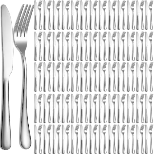Nuenen 100 Pieces Stainless Steel forks and knives Dinner Flatware Set Tableware Cutlery for Butter Kitchen Restaurant, Dishwasher Safe(Silver,9.06 Inches, 8.07 Inches) - color: Silver, size: 9.06 Inches, 8.07 Inches