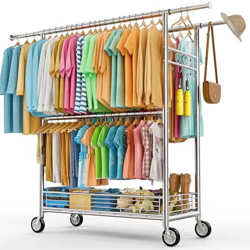 Heavy Duty Clothes Rack Load 960LBS, Three Rods Rolling Clothing Racks for Hanging Clothes, Rolling Garment Rack With Sturdy Wheels Shelves Hooks, Portable & Adjustable Commercial Garment Rack, Silver - color: Silver, size: 20.0" x 60.6" x 69.0"(3 Rods)
