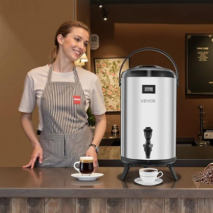 VEVOR Insulated Beverage Dispenser, 3.2 Gal/12L Stainless Steel Thermal Drink Server with Spigot & Temp Display, Suitable for Hot and Cold Drinks, for Tea Coffee Water in Cafes & Restaurants, Silver - size: 3.2 Gal (1 Pack)