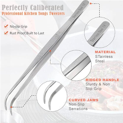 Professional Culinary Stainless Steel Precision Tongs with Serrated Tips, Plating/Food Presentation Detailing Serving Tongs, Chef's Kitchen Tweezer Tongs - Ultra Non-Slip Grip (8 Inch Curved) - size: 8" Curved
