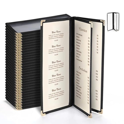 WeChef 30 Pcs 4.25 x 11" Restaurant Menu Covers 3 Page 6 View Menu Holders - size: 4.25x11" - 6 View